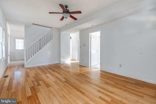 unfurnished living room featuring ceiling fan and light hardwood / wood-style flooring