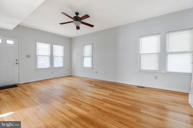 entryway featuring ceiling fan and light hardwood / wood-style flooring