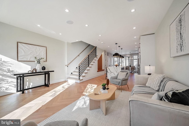 living room featuring light parquet flooring