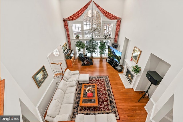 living room featuring wood-type flooring and a high ceiling