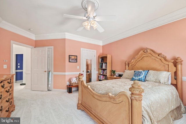 bedroom featuring ceiling fan, crown molding, and light carpet