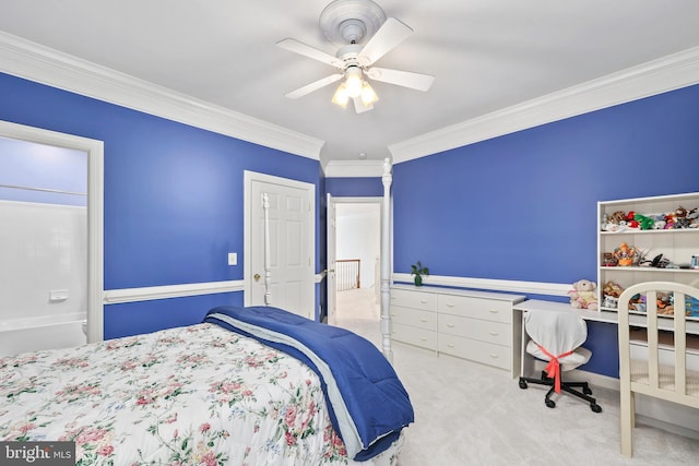 bedroom featuring ceiling fan, light colored carpet, and ornamental molding