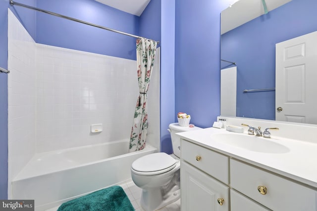 full bathroom with toilet, tile patterned flooring, shower / bathtub combination with curtain, and vanity