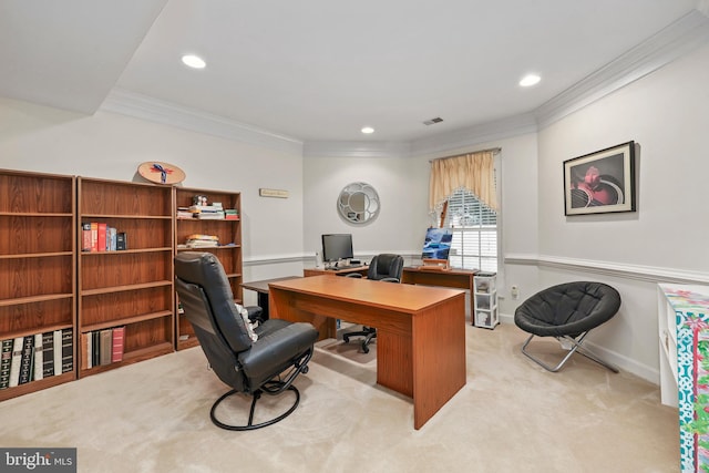 office area with light carpet and ornamental molding