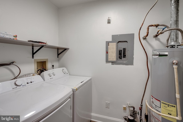 laundry area with water heater, washer and dryer, and electric panel