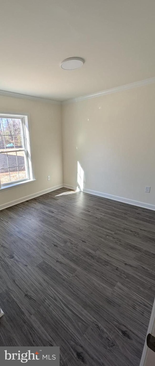 spare room with dark wood-style floors, ornamental molding, and baseboards