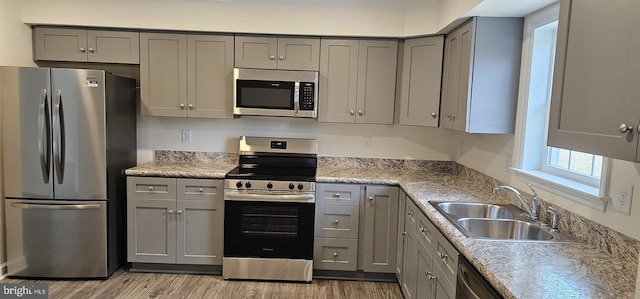 kitchen with appliances with stainless steel finishes, a sink, light wood finished floors, and gray cabinetry