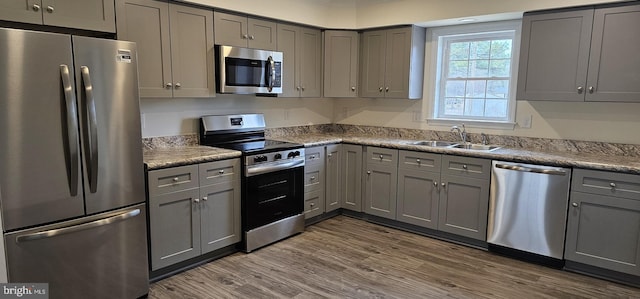 kitchen with stainless steel appliances, dark wood-type flooring, a sink, and gray cabinetry