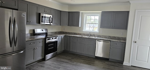 kitchen featuring appliances with stainless steel finishes, gray cabinets, crown molding, and a sink