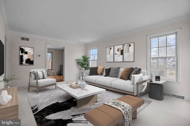 living room featuring a wealth of natural light and crown molding