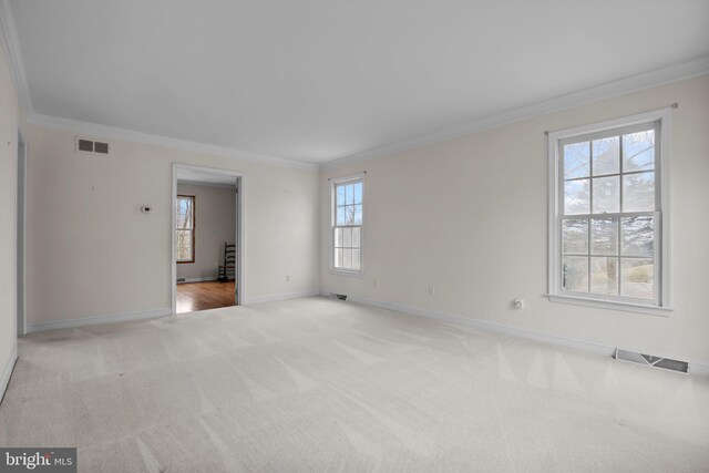 unfurnished room with light colored carpet and crown molding