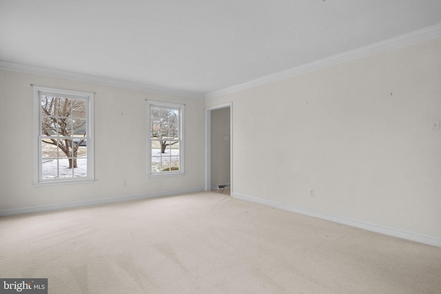 carpeted spare room with a healthy amount of sunlight and ornamental molding