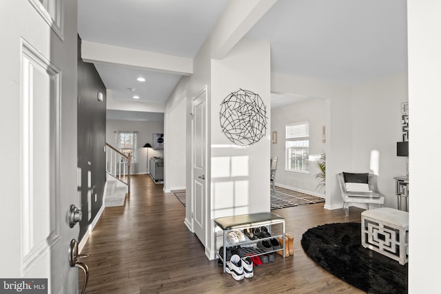 entryway with dark wood-type flooring and a wealth of natural light