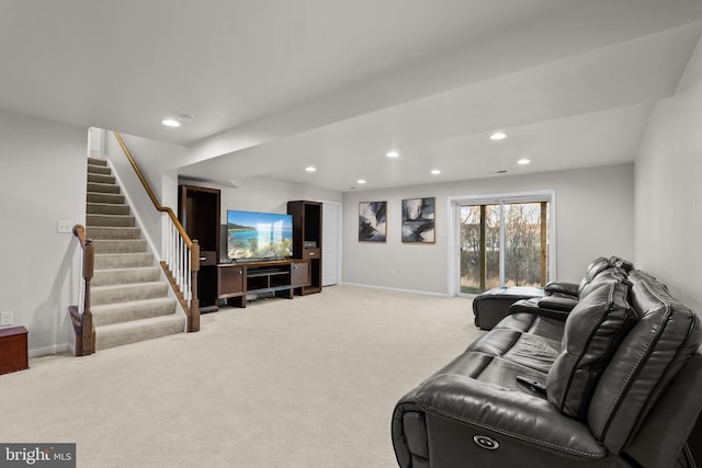 living room featuring light colored carpet