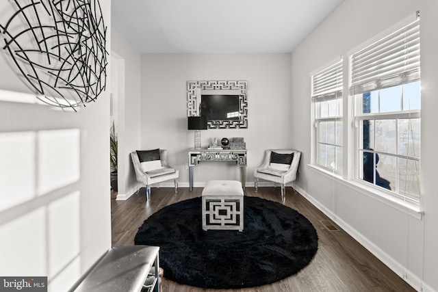 sitting room with dark hardwood / wood-style flooring