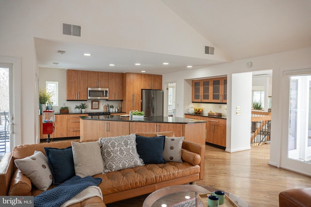 living area with light wood-style floors, visible vents, and recessed lighting