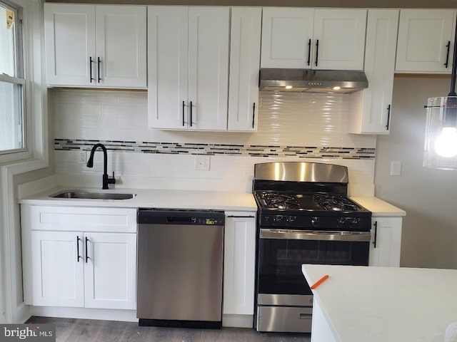 kitchen featuring stainless steel appliances, white cabinetry, and sink