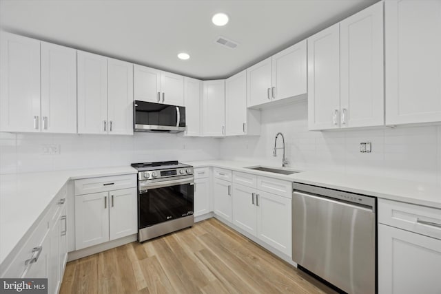 kitchen featuring stainless steel appliances, white cabinetry, sink, and backsplash