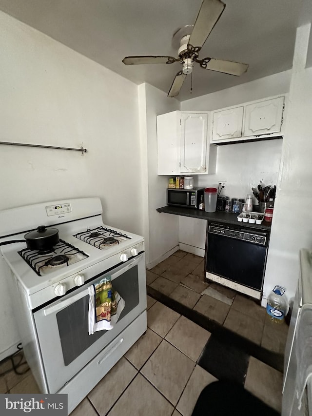 kitchen with light tile patterned floors, white cabinets, ceiling fan, and black appliances