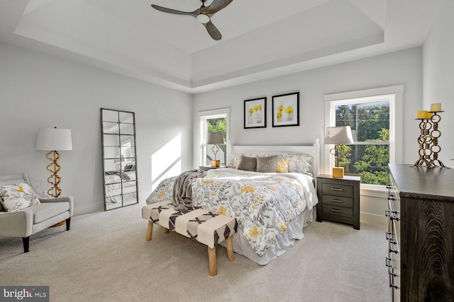 carpeted bedroom featuring a raised ceiling and ceiling fan