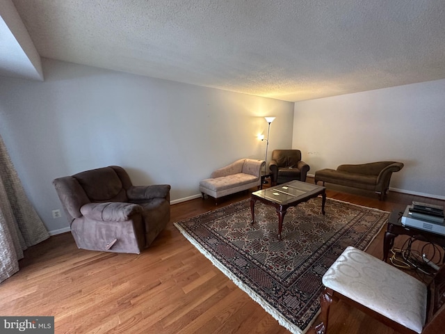 living room featuring a textured ceiling and hardwood / wood-style flooring