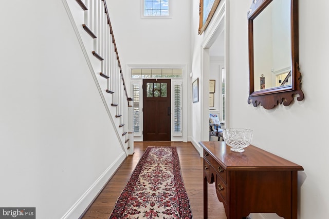 entryway featuring a towering ceiling and dark wood-type flooring