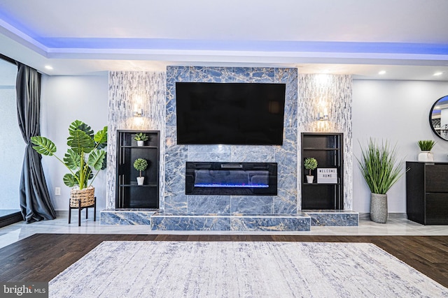 living room with a fireplace