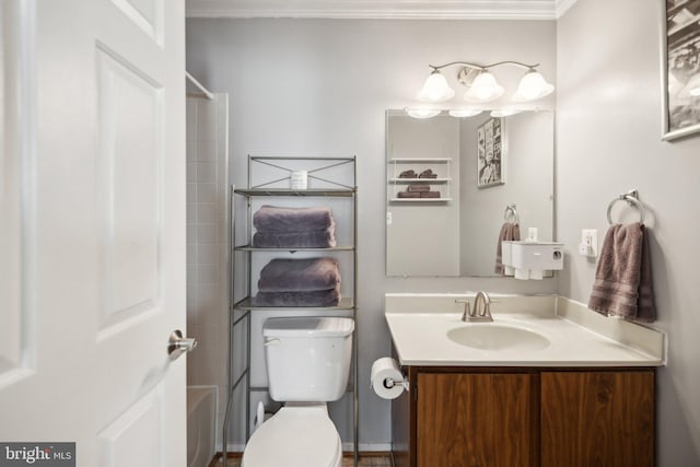 full bathroom with toilet, vanity, bathing tub / shower combination, and ornamental molding