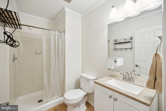 bathroom featuring toilet, vanity, a shower with shower curtain, and ornamental molding