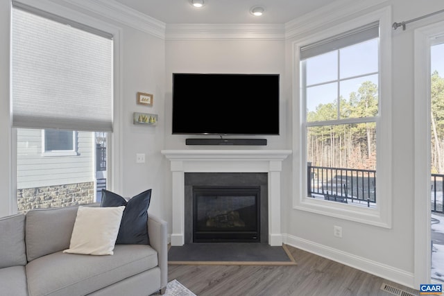 living room featuring wood-type flooring, a wealth of natural light, and crown molding