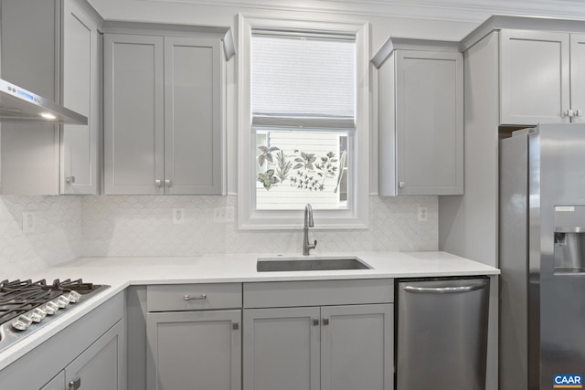 kitchen with wall chimney exhaust hood, stainless steel appliances, sink, backsplash, and gray cabinetry