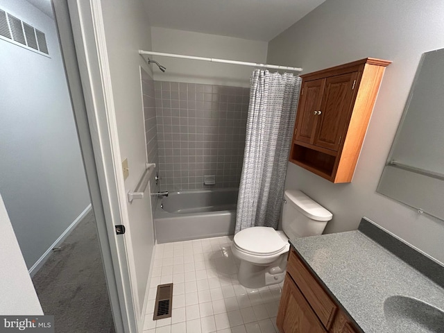 full bathroom with toilet, vanity, tile patterned flooring, and shower / bathtub combination with curtain