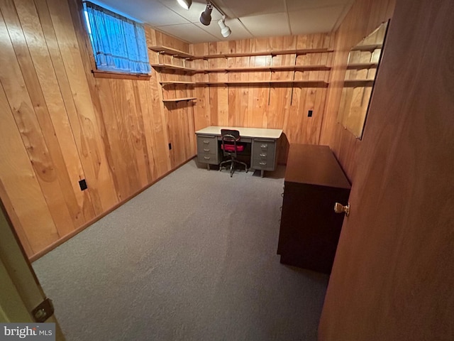 carpeted home office featuring built in desk, rail lighting, and wooden walls