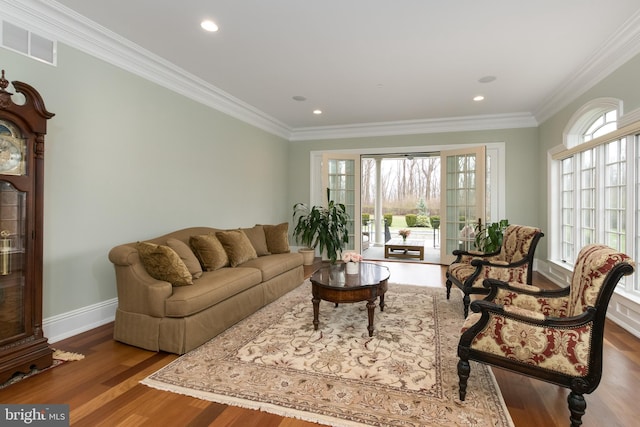 living room featuring dark wood-type flooring and ornamental molding