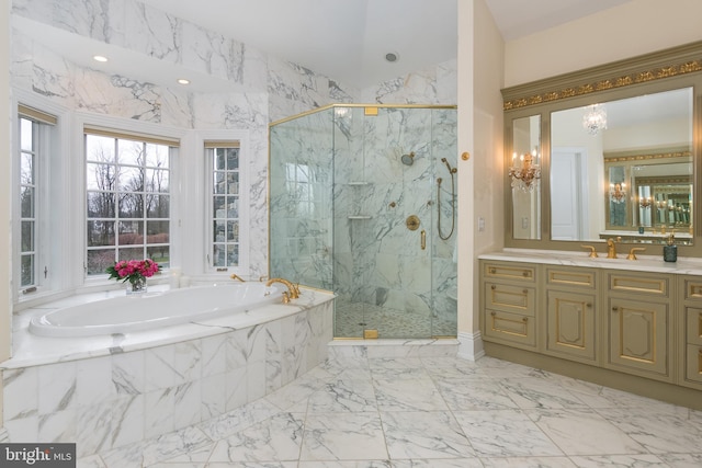 bathroom with plus walk in shower and vanity