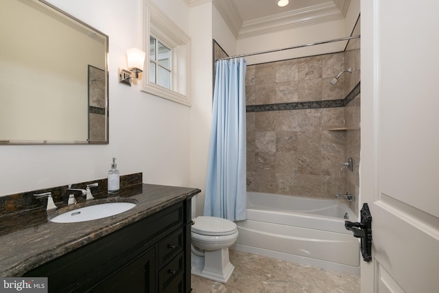 full bathroom with toilet, crown molding, shower / bathtub combination with curtain, and vanity