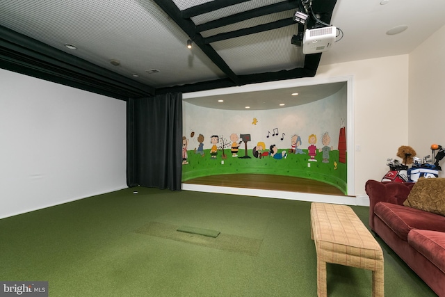 recreation room featuring carpet floors and golf simulator