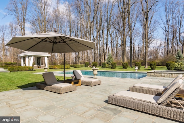 view of pool with a patio area, a yard, and an outbuilding