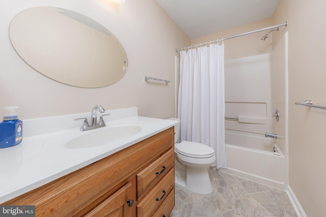 full bathroom with toilet, vanity, and shower / tub combo with curtain