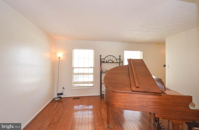 misc room featuring wood-type flooring, a wealth of natural light, and a textured ceiling