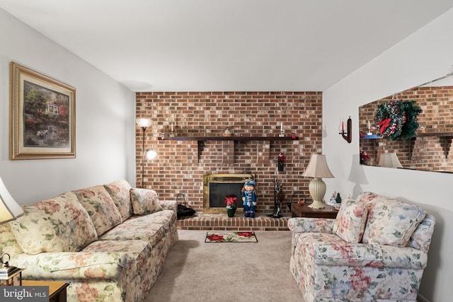 living room featuring a fireplace and carpet flooring