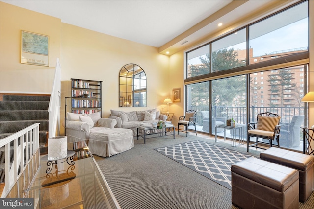 living room featuring a high ceiling