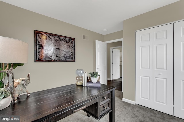 view of carpeted home office