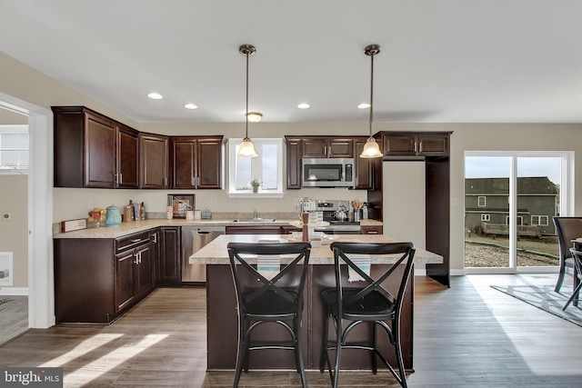 kitchen with decorative light fixtures, light hardwood / wood-style flooring, stainless steel appliances, and a kitchen island