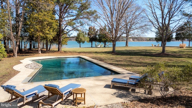 7705 Quaker Neck Rd, Bozman, MD 21612 - outdoor pool featuring a patio area, a water view, and a yard