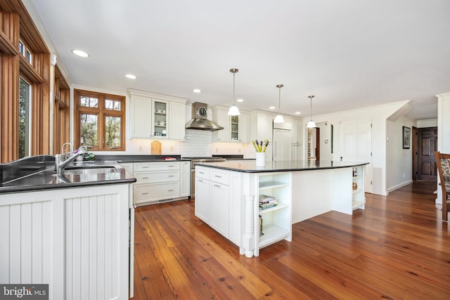 7705 Quaker Neck Rd, Bozman, MD 21612 - kitchen featuring open shelves, wall chimney range hood, stainless steel stove, a sink, and dark countertops