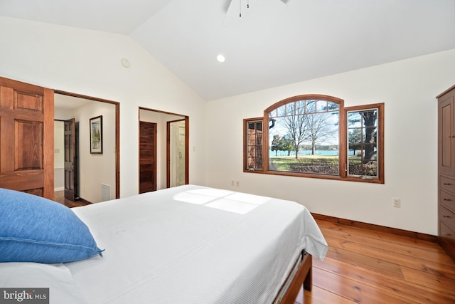 7705 Quaker Neck Rd, Bozman, MD 21612 - bedroom featuring lofted ceiling, light wood-style flooring, baseboards, a ceiling fan, and recessed lighting