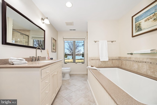 7705 Quaker Neck Rd, Bozman, MD 21612 - full bathroom featuring toilet, vanity, a bath, tile patterned floors, and an enclosed shower