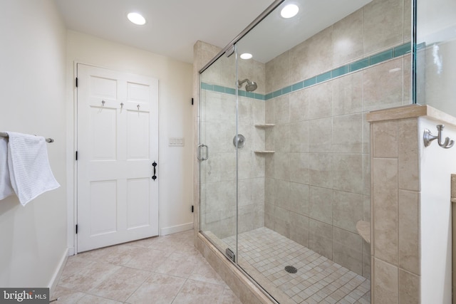 7705 Quaker Neck Rd, Bozman, MD 21612 - bathroom with a shower stall, baseboards, tile patterned floors, and recessed lighting