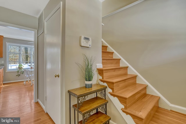 stairway featuring hardwood / wood-style flooring